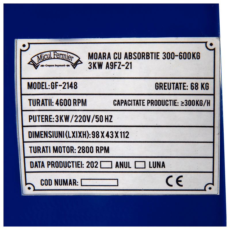 Moara cu absortie MICUL FERMIER, A9FZ-21, 300-600 kg, 3 KW
