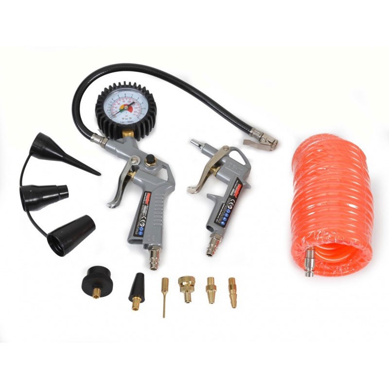 Set 10 accesorii HECHT 002026, pentru compresor pistol simplu de umflat, pistol cu manometru, furtun spiralat 5 m, adaptoare