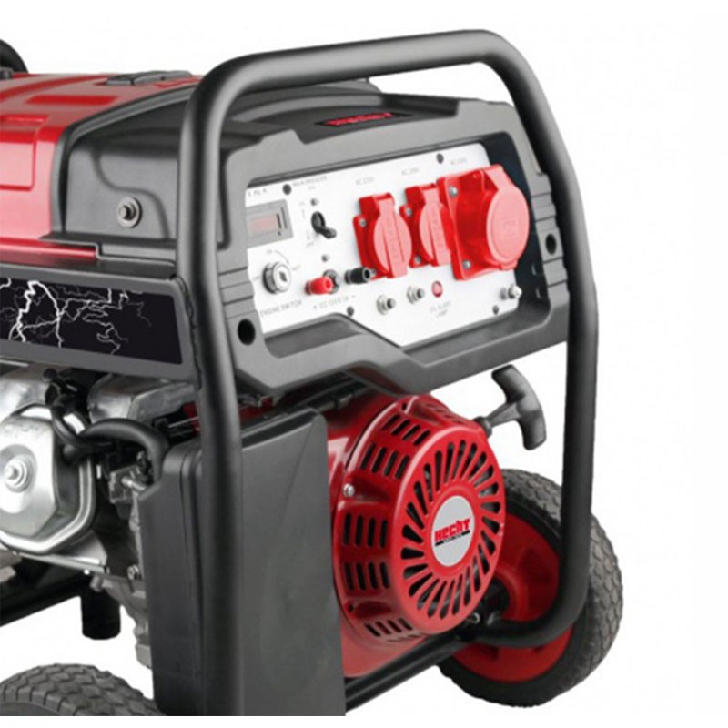 Generator de curent monofazat HECHT GG 6500, motor benzina, 4 timpi, 389 CC, 5 kW, max 5.5 kW, cu roti si maner