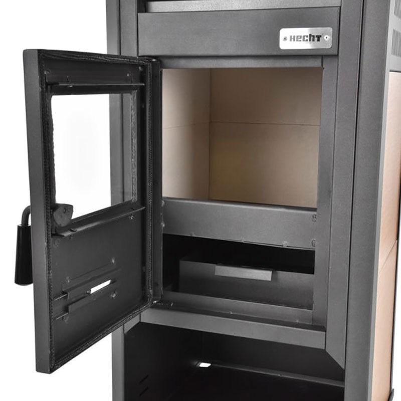 Soba din otel si ceramica HECHT Fenixe, putere 9-10 kW, diametru evacuare 120 mm, usa cu sticla termorezistenta, pentru lemne si brichete lemn