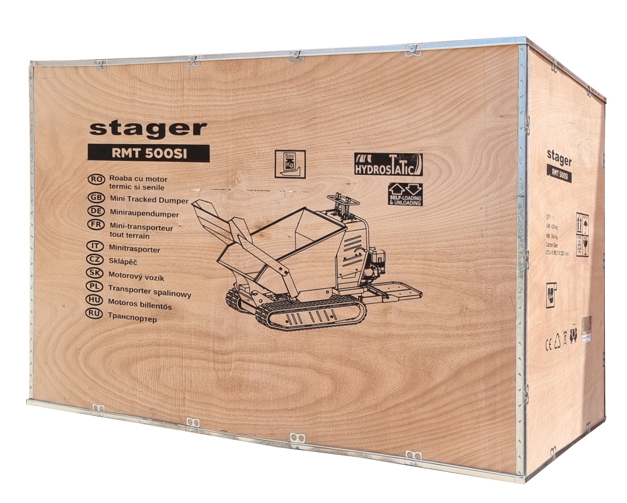 Roaba cu motor termic STAGER RMT500SI 5160009745, 4 timpi, putere motor 9 CP, 6.6 kW, cu incarcator frontal, capacitate incarcare 500 kg, cu senile