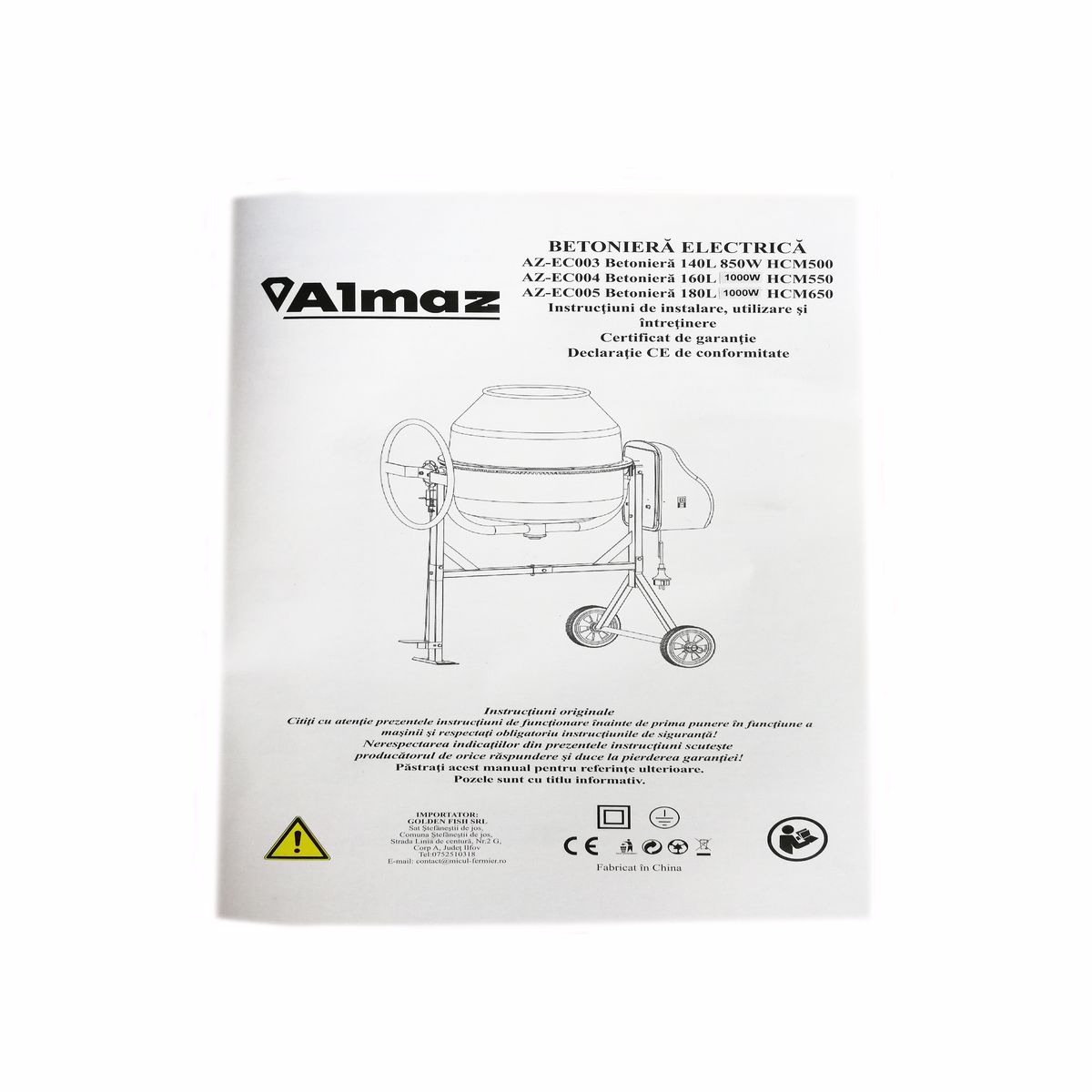 Betoniera ALMAZ, HCM650, 180 L 1000 W, cuva 380 mm