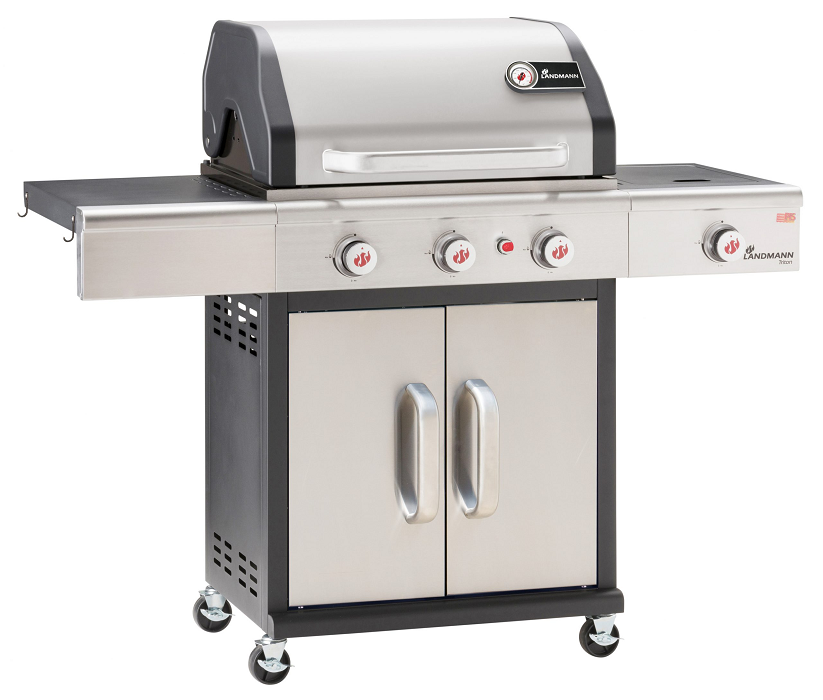 Gratar pe gaz LANDMANN Triton 3.1 Maxx 12947, 3 arzatoare, cu roti deplasare, suprafata gatit 65 x 44 cm, usi cabinet din inox