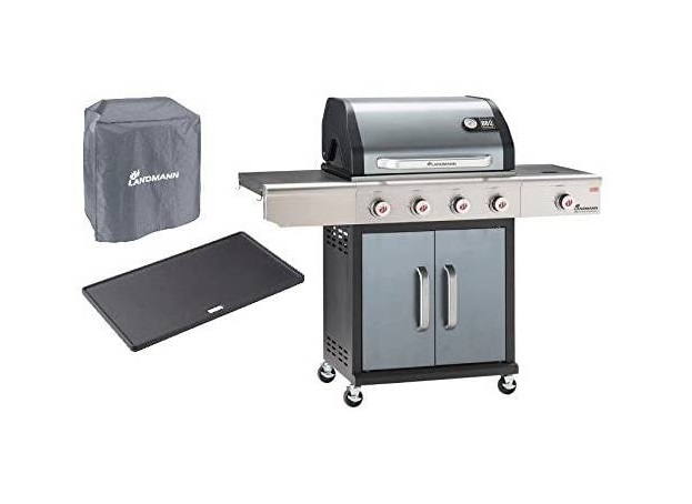 Gratar pe gaz LANDMANN Triton Champion PTS 4.1 12965, 12 persoane,15 kW, suprafata grill 65 x 44 cm, cu tava din fonta si husa de protectie cadou