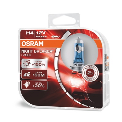 Set 2 becuri far faza lunga 12 V, H4 60/55 W Night Breaker Laser Nextgen +150, OSRAM 64193NL-HCB