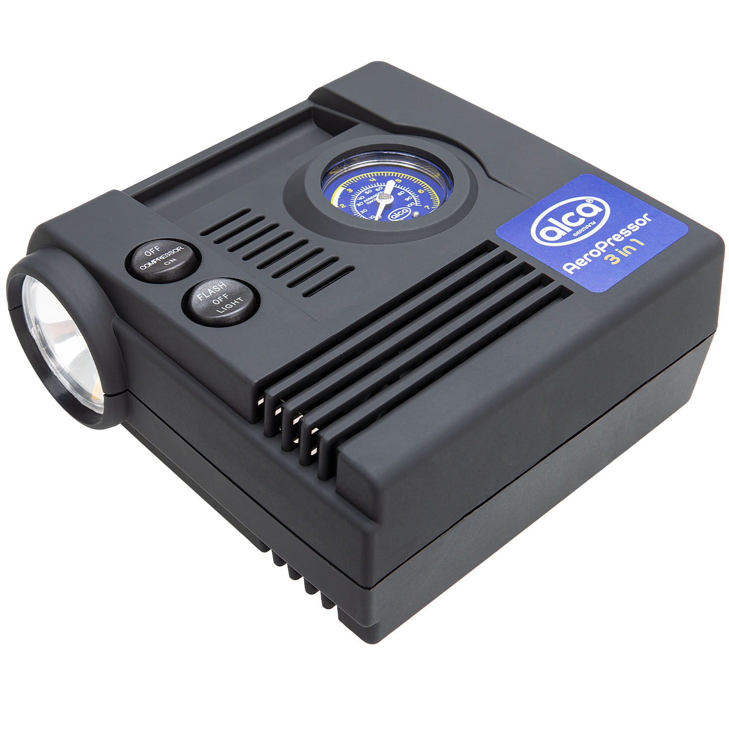 Compresor auto aer ALCA 3in1 233000, alimentare 12 V, 250 PSI, manometru, lumina LED, lanterna, 4 adaptoare