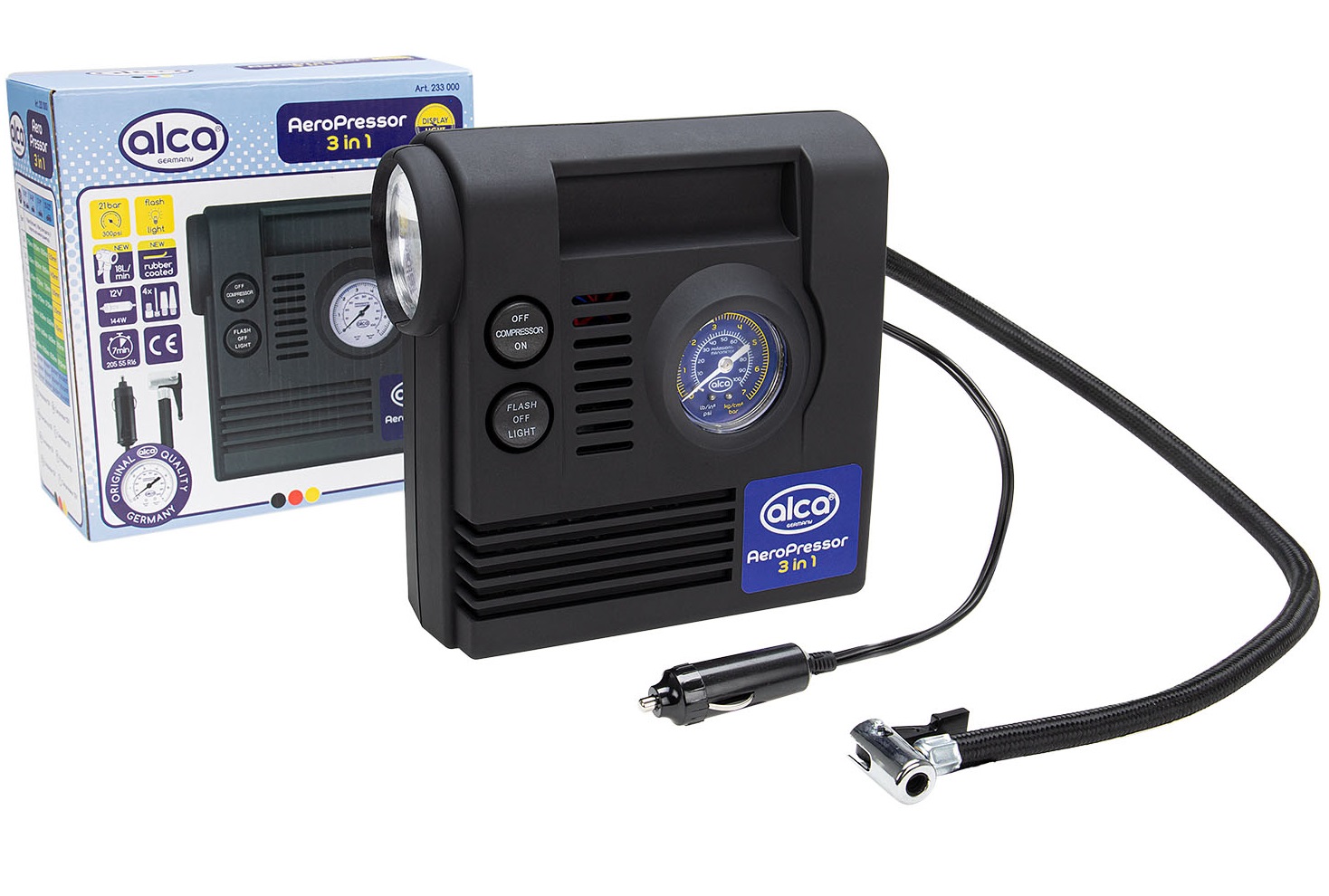 Compresor auto aer ALCA 3in1 233000, alimentare 12 V, 250 PSI, manometru, lumina LED, lanterna, 4 adaptoare