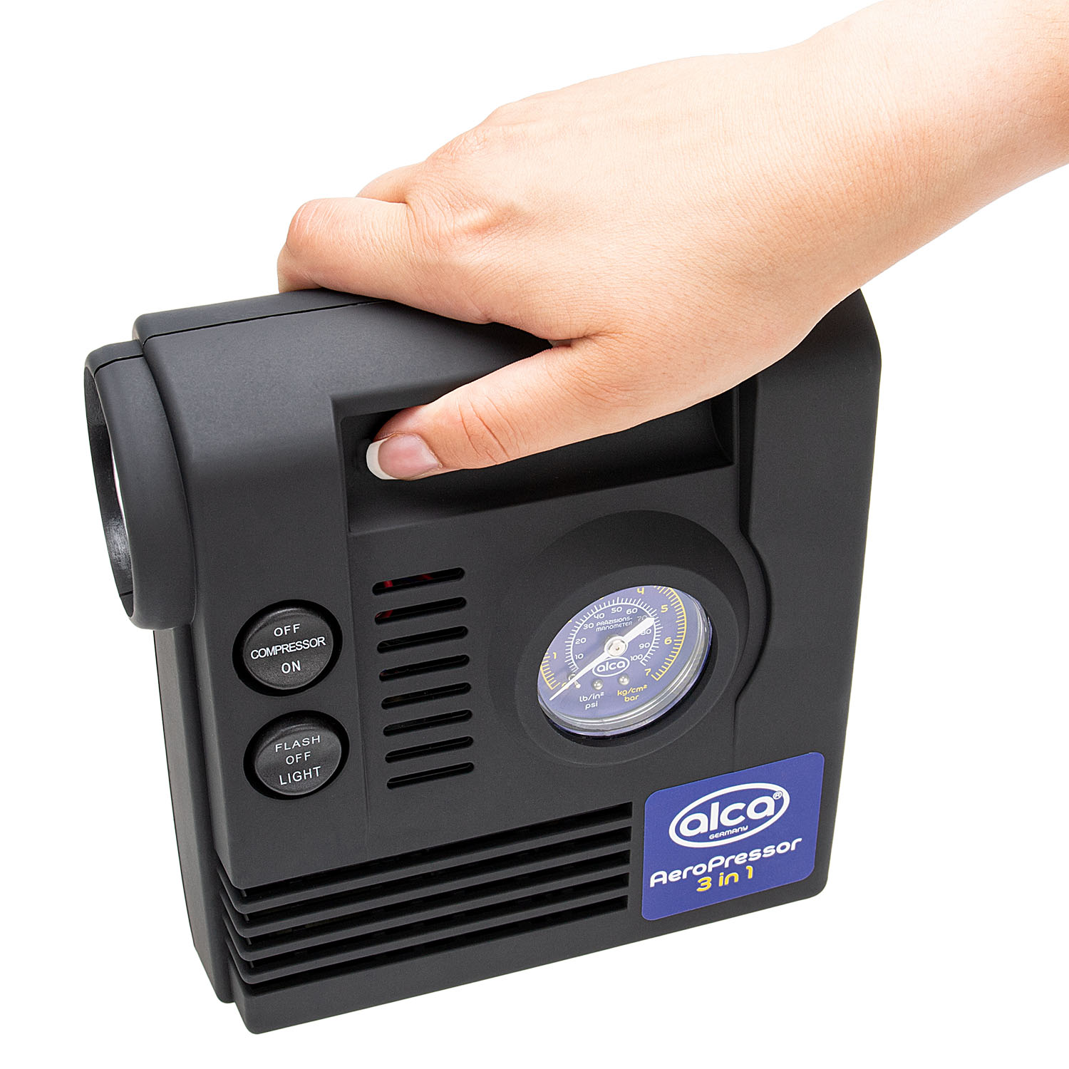 Compresor auto aer ALCA 3in1 233000, alimentare 12 V, 250 PSI, manometru, lumina LED, lanterna, 4 adaptoare