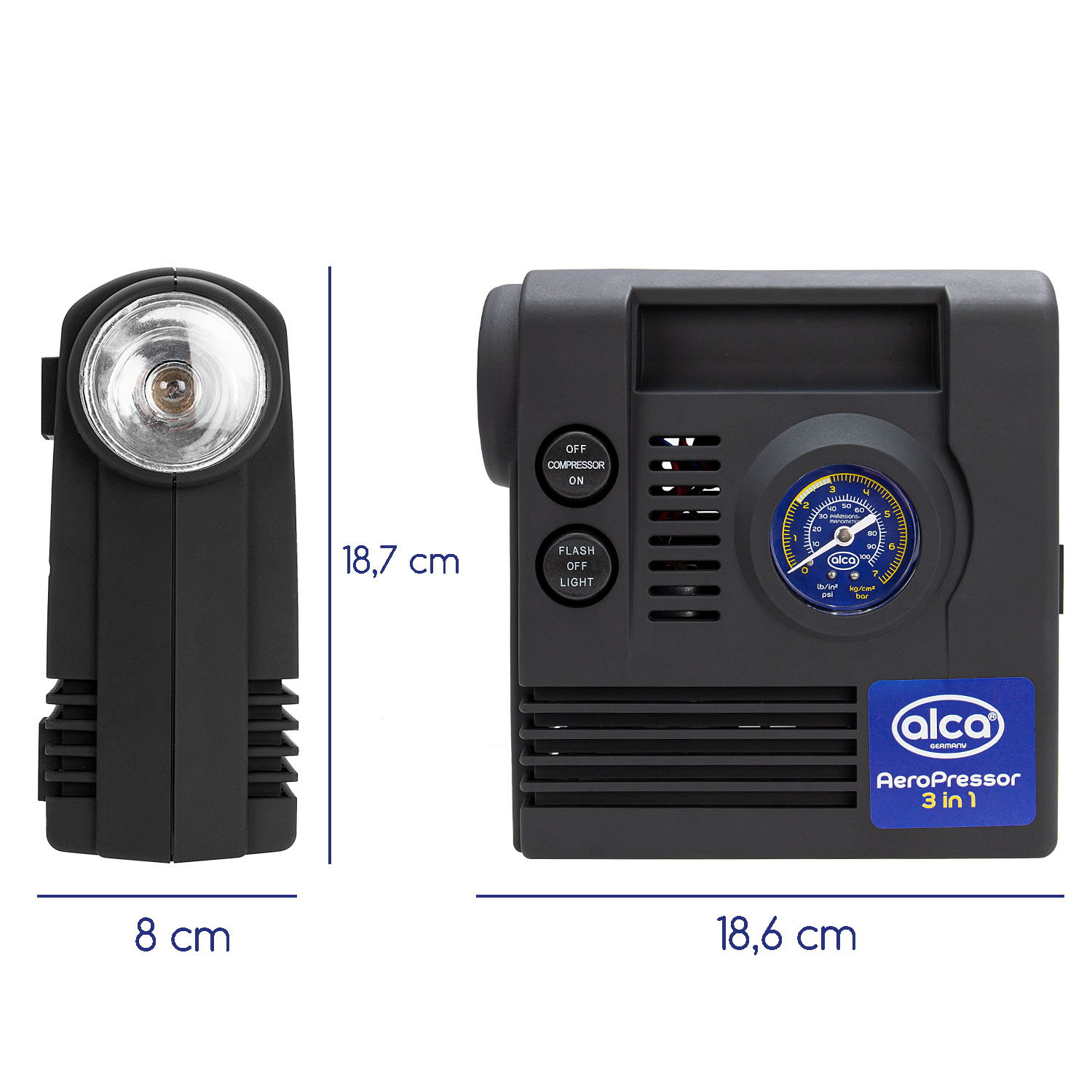 Compresor auto aer ALCA 3in1 233000, alimentare 12 V, 250 PSI, manometru, lumina LED, lanterna, 4 adaptoare