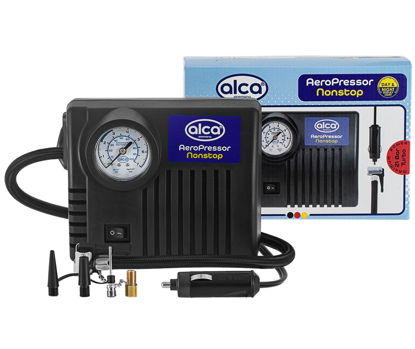 Compresor auto aer ALCA 220000, alimentare 12 V, 300 PSI, manometru, lumina LED, lanterna, 4 adaptoare