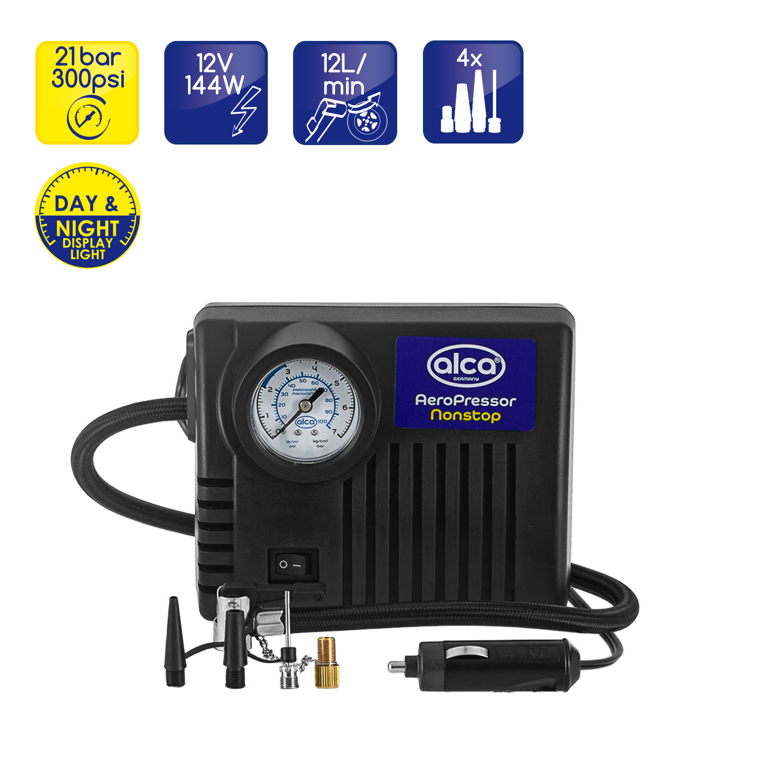 Compresor auto aer ALCA 220000, alimentare 12 V, 300 PSI, manometru, lumina LED, lanterna, 4 adaptoare