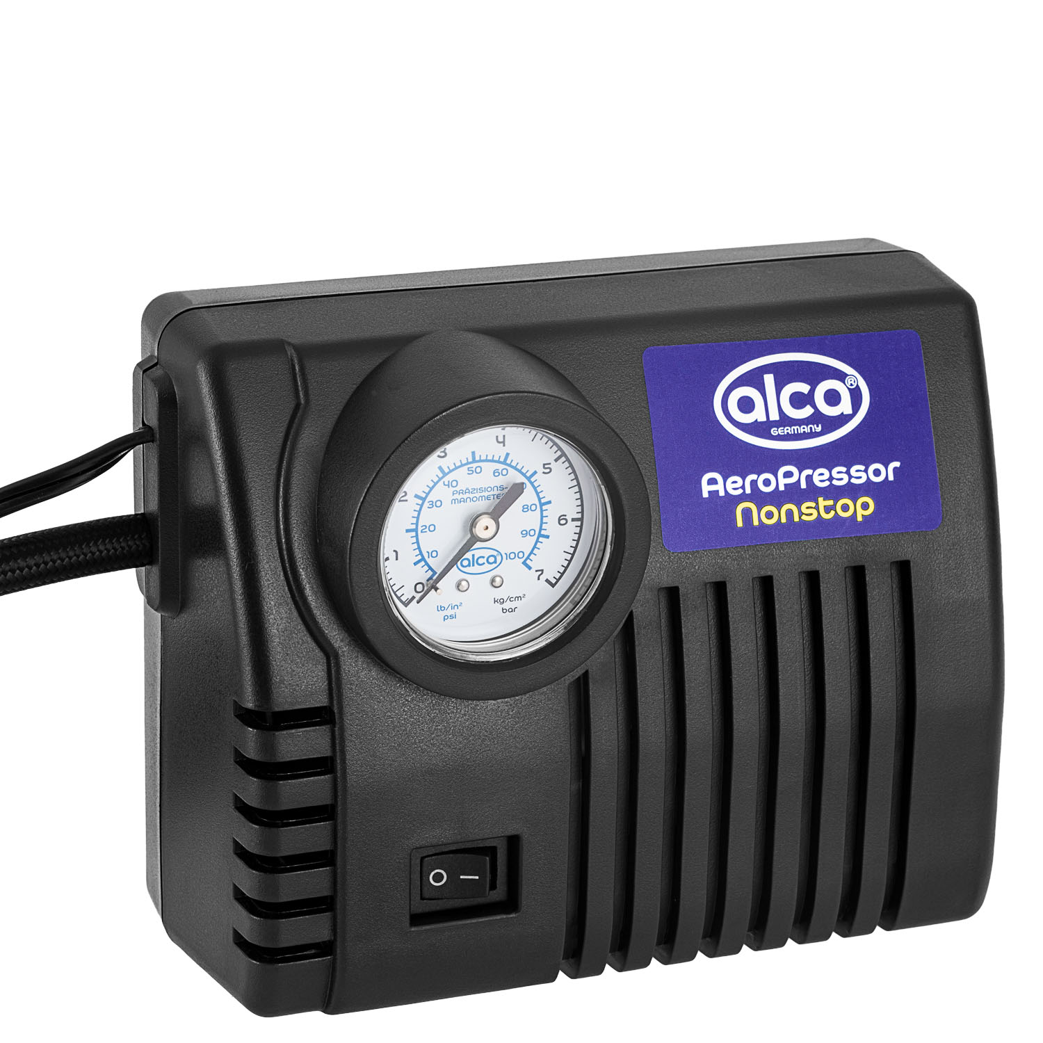 Compresor auto aer ALCA 220000, alimentare 12 V, 300 PSI, manometru, lumina LED, lanterna, 4 adaptoare