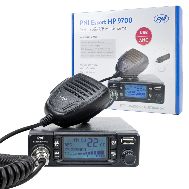 Statie radio CB PNI Escort HP 9700 13156, 12 V/24 V, USB, ANC, ASQ, mufa de bricheta inclusa