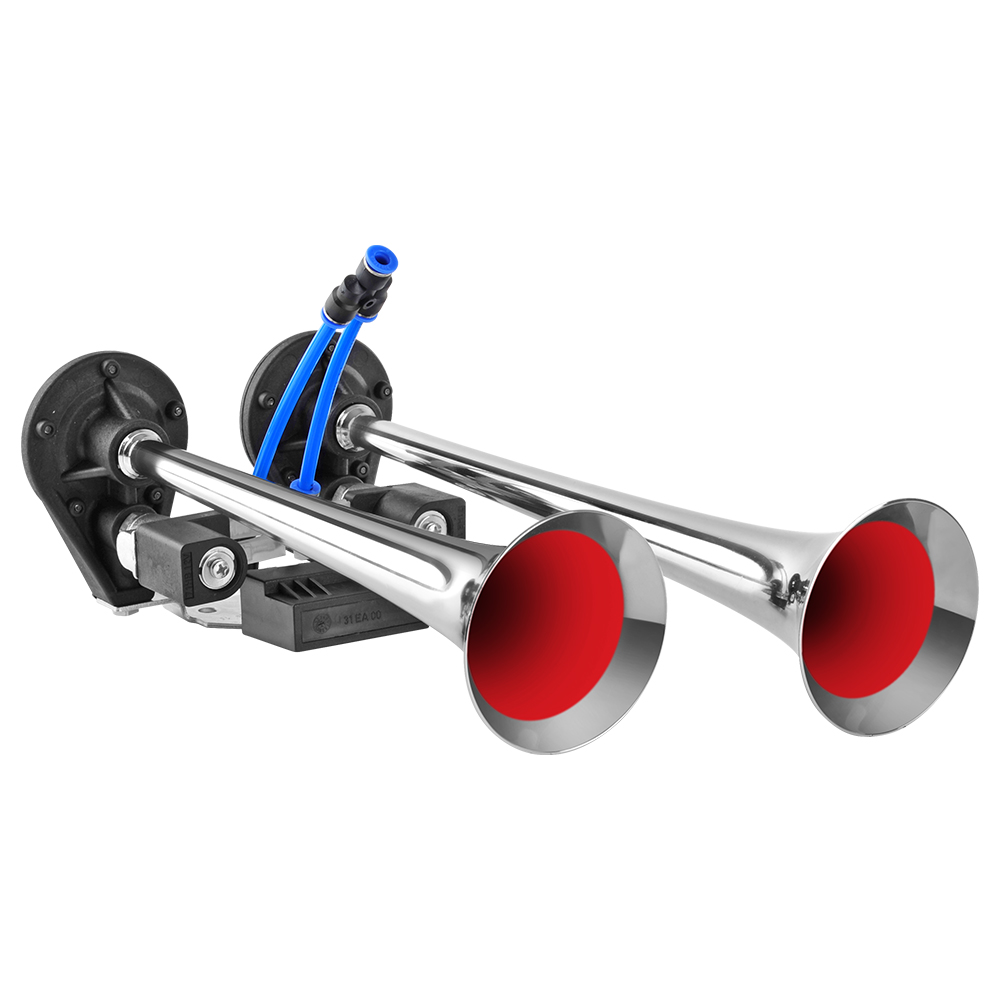 Claxon pentru camion SEGER Fast and Slow 09996, crom, cu 2 goarne, ton avertizare melodic, tensiune de lucru 24 V, amperaj 1 A, 125 dB