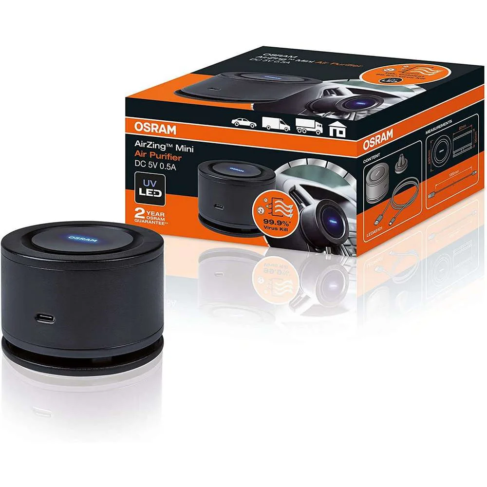 Purificator de aer OSRAM AIRZING MINI LEDAS101, pentru autoturisme, debit aer 6.5 mc, alimentare USB, filtru Nano Coating TiO2