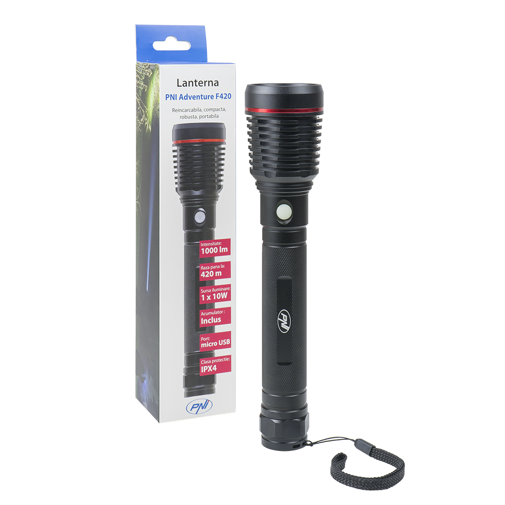 Lanterna PNI Adventure F420 42113, iluminare LED 10 W, 1000 lumeni, 2 acumulatori inclusi, acumulator Li-Ion 26650 8000 mAh, IPX4