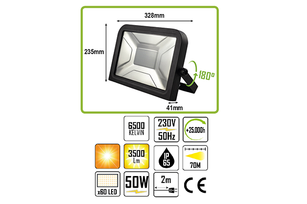 Proiector LED JBM 53505, 50 W, 3500 lumeni, lungime cablu 2 metri, IP65