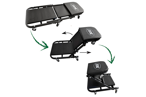Pat mecanic pentru atelier auto JBM 53211, transformabil in scaun, cadru metalic, cu roti, negru