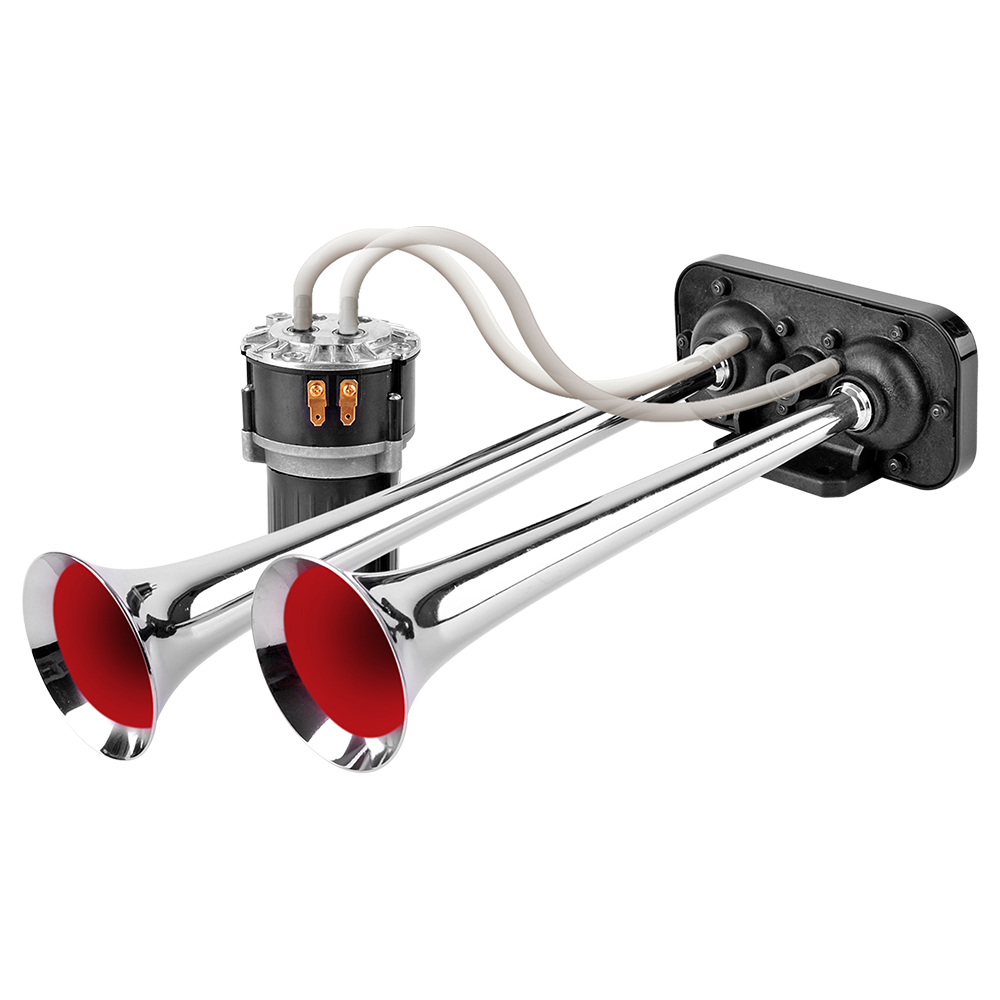 Claxon cu compresor pentru camion SEGER 09999, crom, cu 2 goarne, ton avertizare melodic, tensiune de lucru 24 V, amperaj 1 A, 115 dB