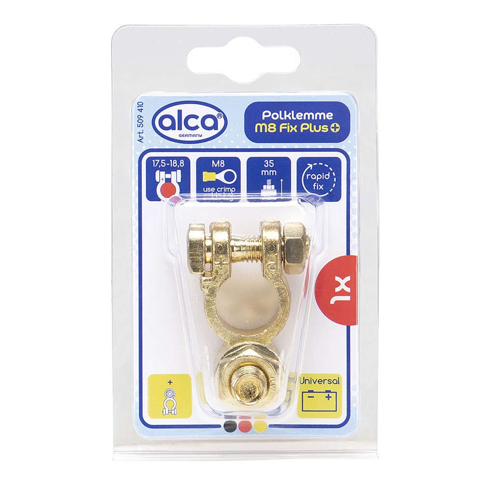 Borna pozitiva pentru baterie auto ALCA 509410, din zinc, diametru compatibil 17.5 - 18.8 mm, M10