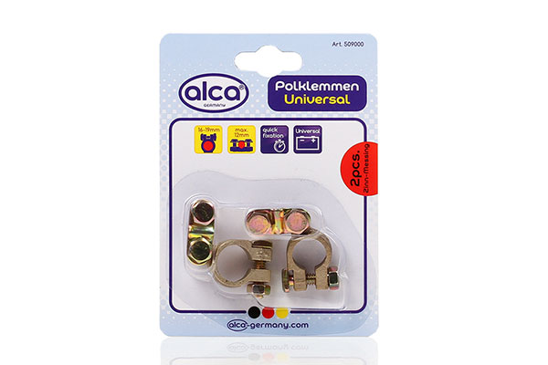 Set 2 borne pentru baterie auto ALCA 509000, din alama-tabla, pentru diametrul cablului bateriei de pana la 12 mm