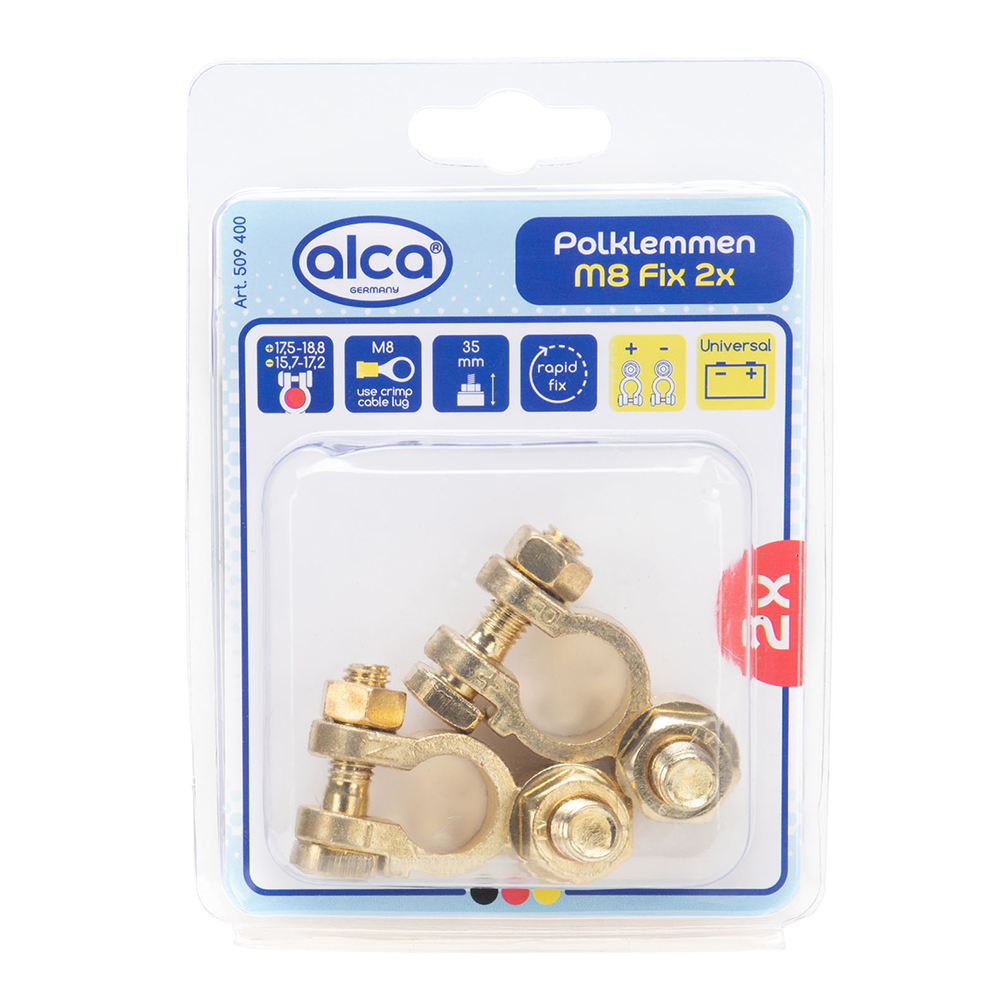 Set 2 borne pentru baterie auto ALCA 509400, din zinc, bornele compatibile pozitive 17.5 - 18.8 mm, negative 15.7 - 17.2 mm, M8