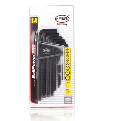 Set 8 chei hexagonale cu cap rotund HEYNER 463000 07591, din otel, cu suport chei, blister