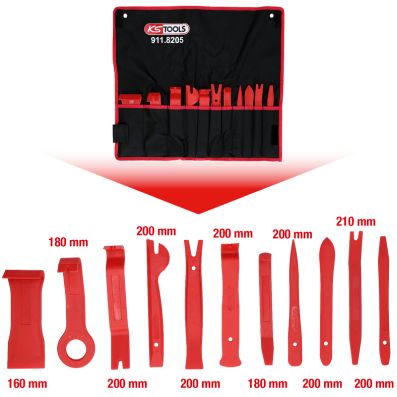 Set 11 pene din material plastic KS TOOLS Master 911.8205, pentru demontare clipsuri, rosu