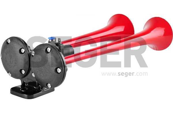 Claxon rosu cu doua goarne SEGER 45892, pentru camioane, alimentare 24 V