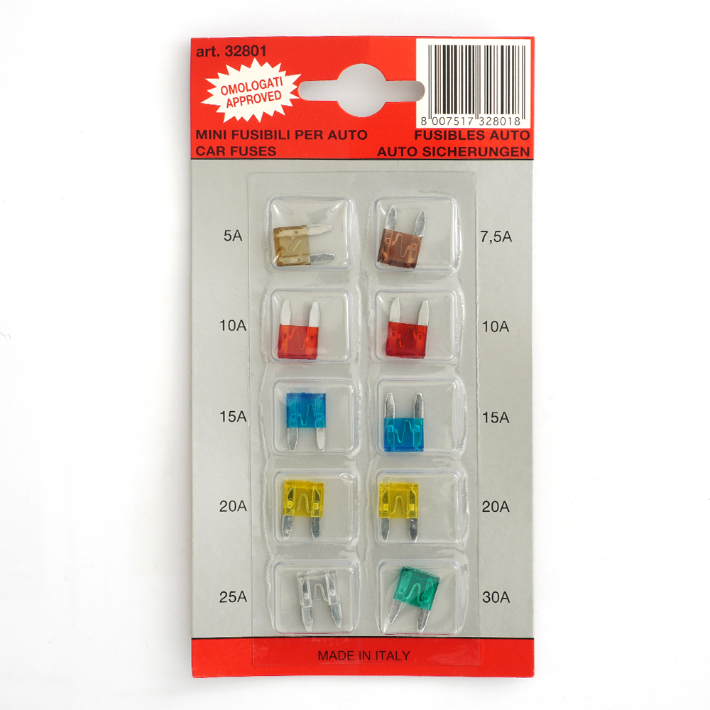 Blister cu 10 sigurante fuzibile auto TECNOPART 51417, 5, 7.5, 10, 15, 20, 25, 30 A, cod culoare