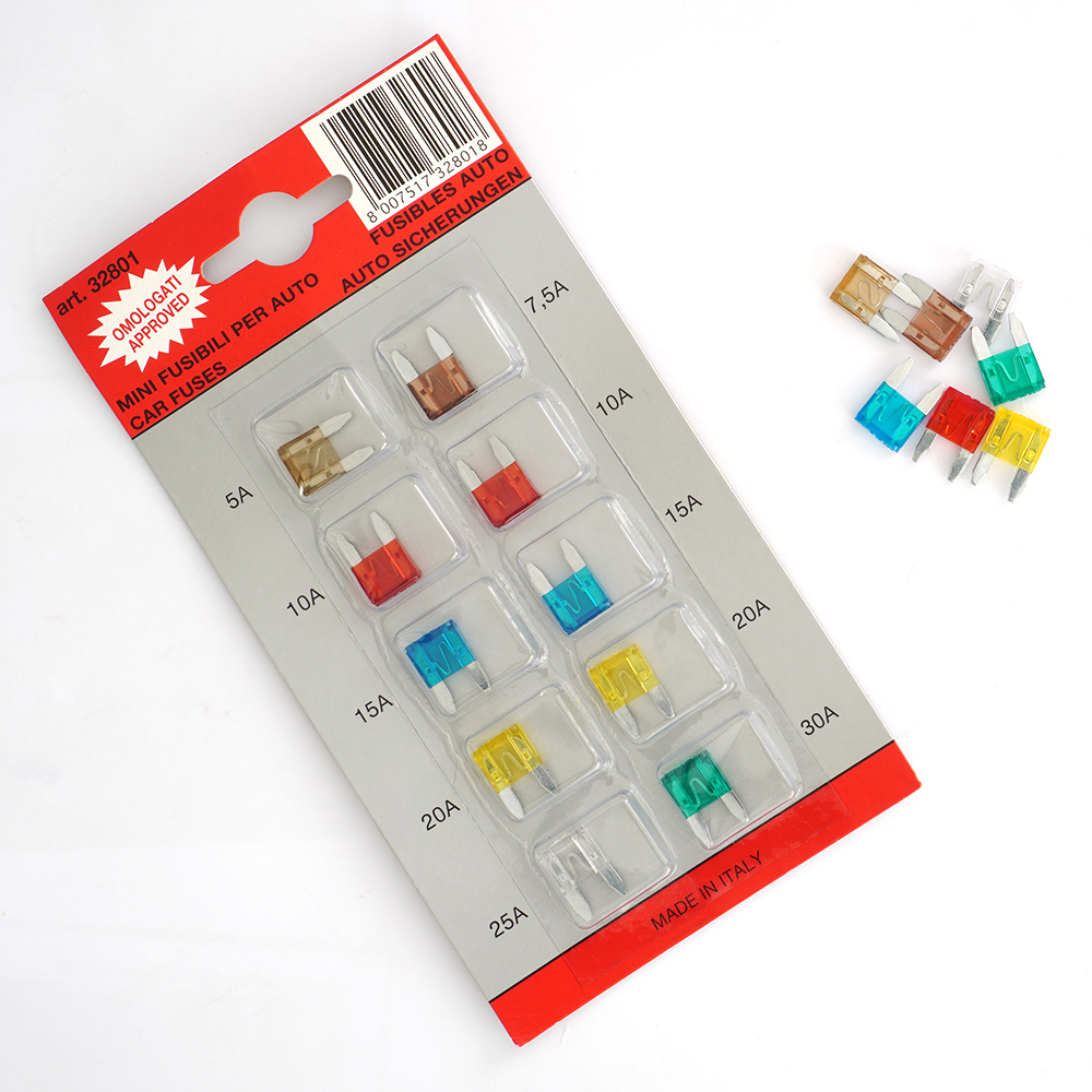 Blister cu 10 sigurante fuzibile auto TECNOPART 51417, 5, 7.5, 10, 15, 20, 25, 30 A, cod culoare