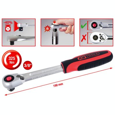 Clichet cu schimbare de directie KS TOOLS SlimPower 920.3890, prindere patrat 3/8 inch, 72 dinti, lungime 190 mm