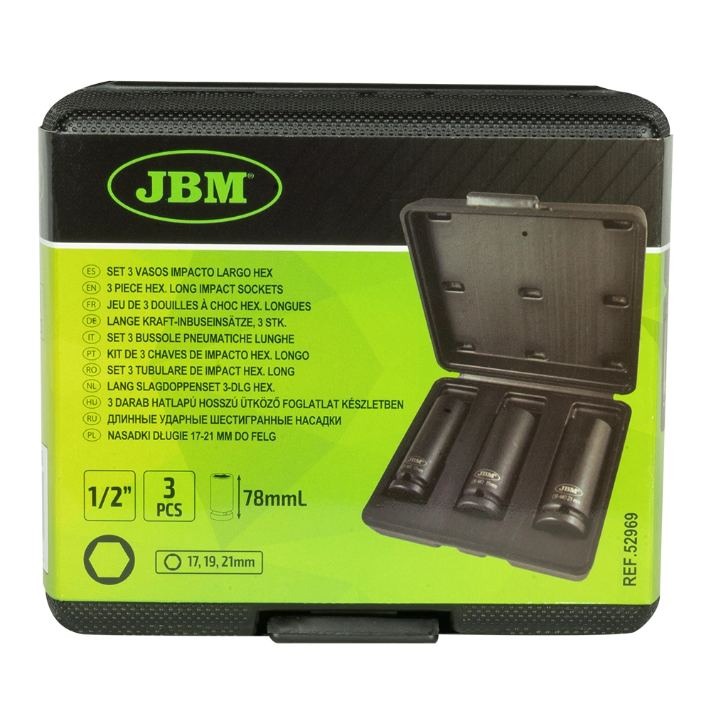 Set 3 tubulare hexagonale de impact JBM 52969, prindere patrata, lunga, cutie din plastic