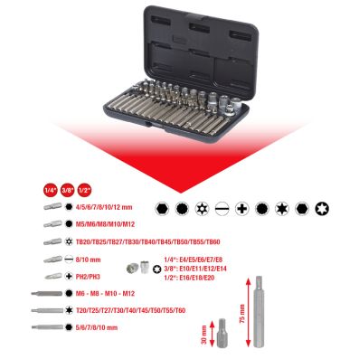 Set 57 chei tubulare si biti KS TOOLS 911.4305, prindere 1/4 inch, 3/8 inch, 1/2 inch, geanta din material plastic