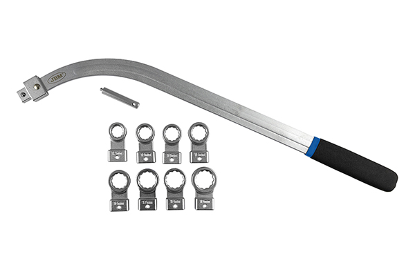 Trusa cu chei curbate JBM 00154, pentru tensor curele, cap interschimbabil, marimi 12, 13, 14, 15, 16, 17, 18, 19 mm