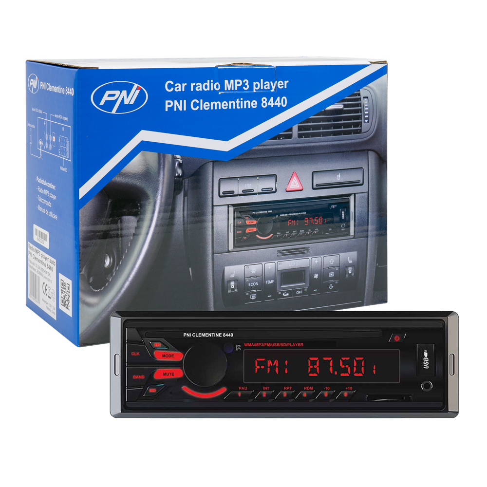 Radio MP3 player auto PNI Clementine 8440 10040, fata detasabila, 4 x 45 W, 12 V, format 1DIN, conectivitate SD, USB, AUX, RCA