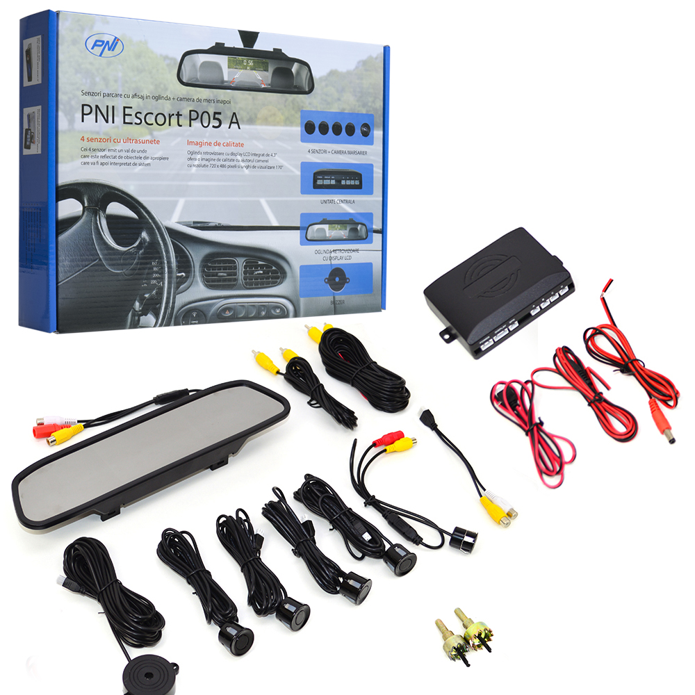 Senzori parcare afisaj oglinda PNI P05 07971, camera mers inapoi, display 4.3 inch, rezolutie 480 x 234, alimentare 12 V