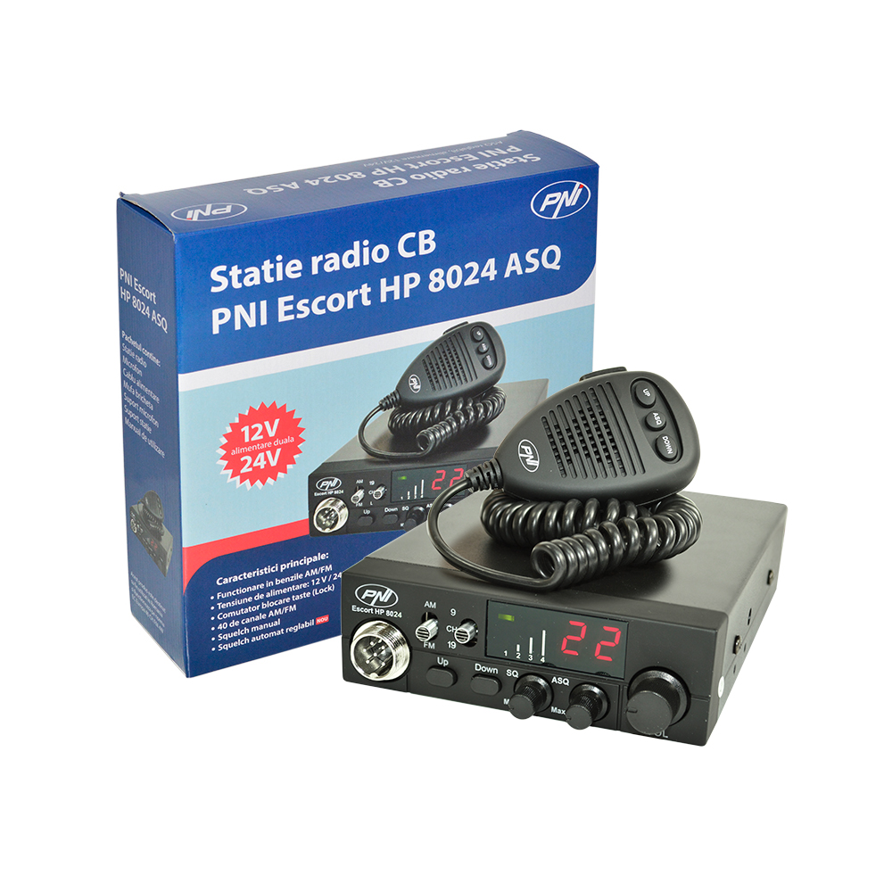 Statie radio CB PNI 13154 Escort HP 8024, alimentare 12/24 V, cu ASQ reglabil, 40 canale, putere emisie 4W+