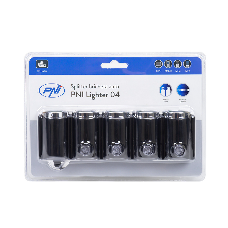 Incarcator auto PNI Lighter 04 42104, cu 4 iesiri de bricheta, 12 V/24 V, 2 iesiri USB, 1A, indicator led