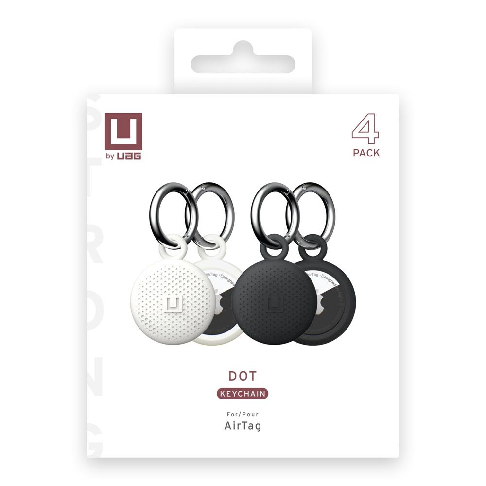 Set 4 huse cu breloc chei pentru Apple AirTag UAG Dot Series, negru-alb, silicon rezistent