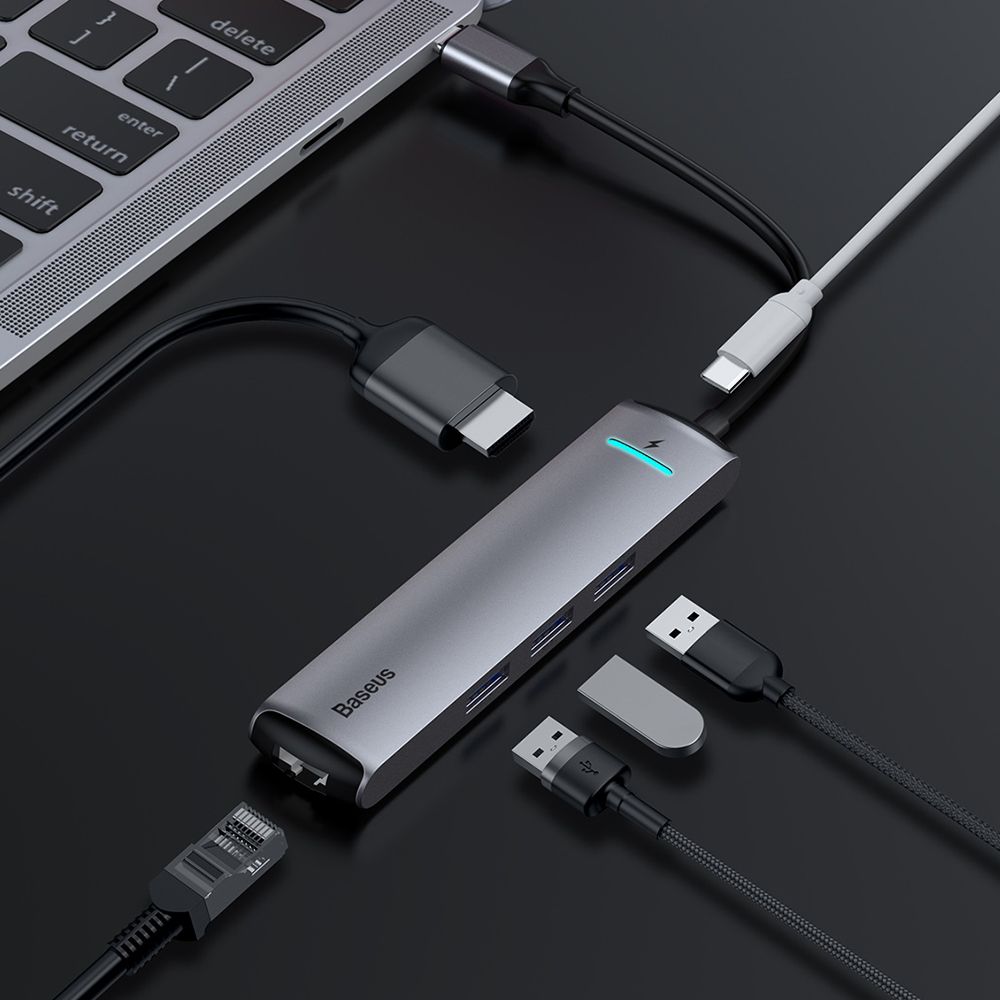 Adaptor incarcare, date multihub Type-C la 3 x USB 3.0, HDMI 4K, RJ45 Ethernet, PD Baseus Mechanical Eye, gri