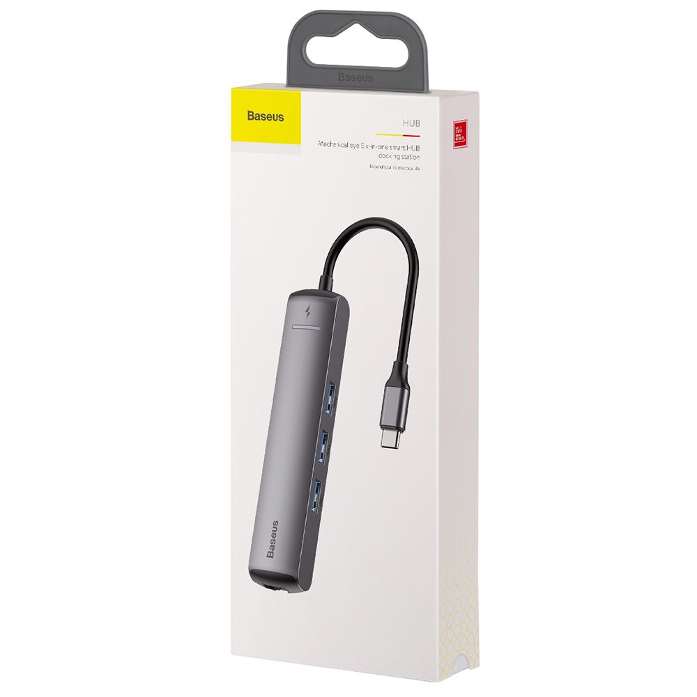 Adaptor incarcare, date multihub Type-C la 3 x USB 3.0, HDMI 4K, RJ45 Ethernet, PD Baseus Mechanical Eye, gri