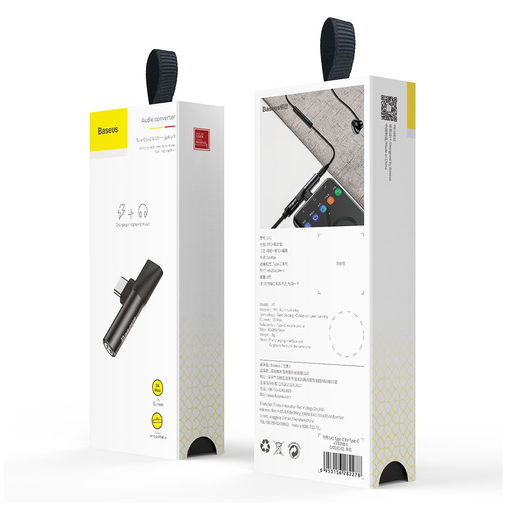 Adaptor incarcare, audio Type-C la port Type-C si port Jack 3.5mm Baseus L41, negru, 1A max, 2 in 1