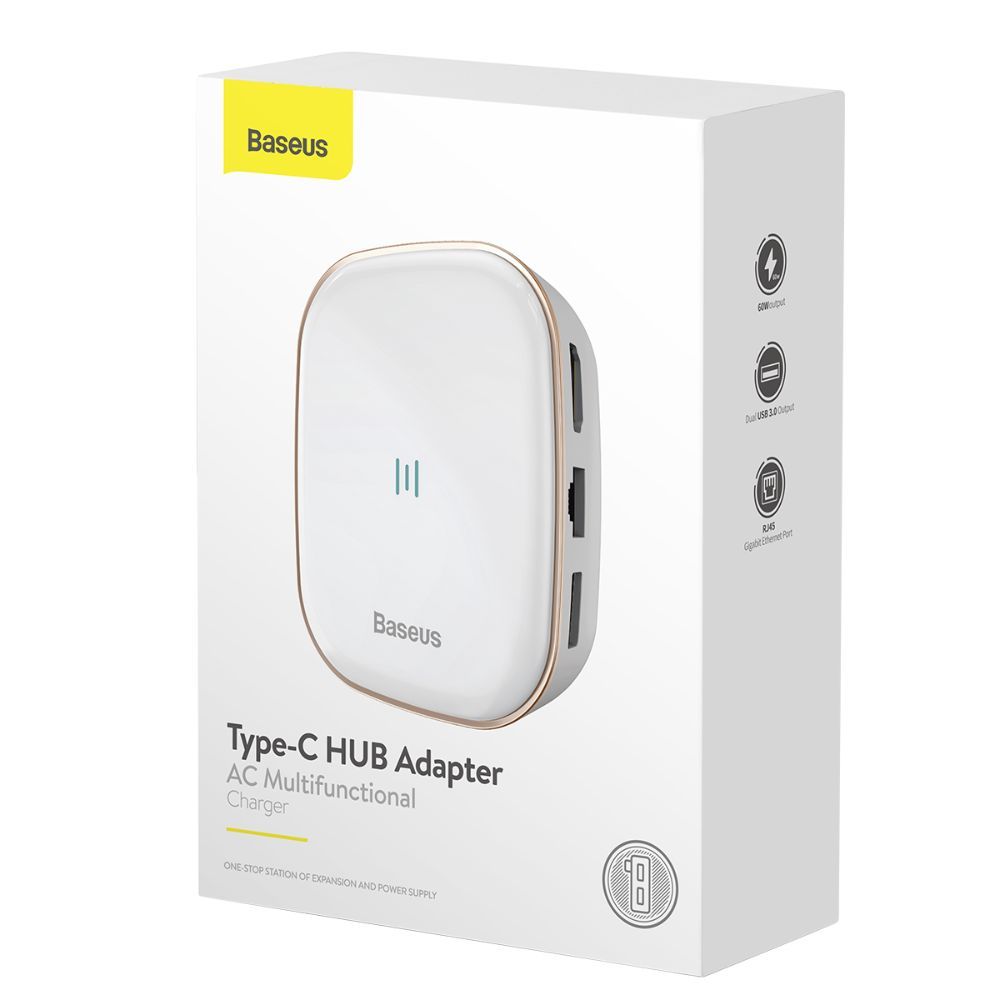 Adaptor incarcare, date multihub Type-C la USB 3.0 x 2, TF/SD, 4K HD, RJ45 Baseus Multifunctional, alb