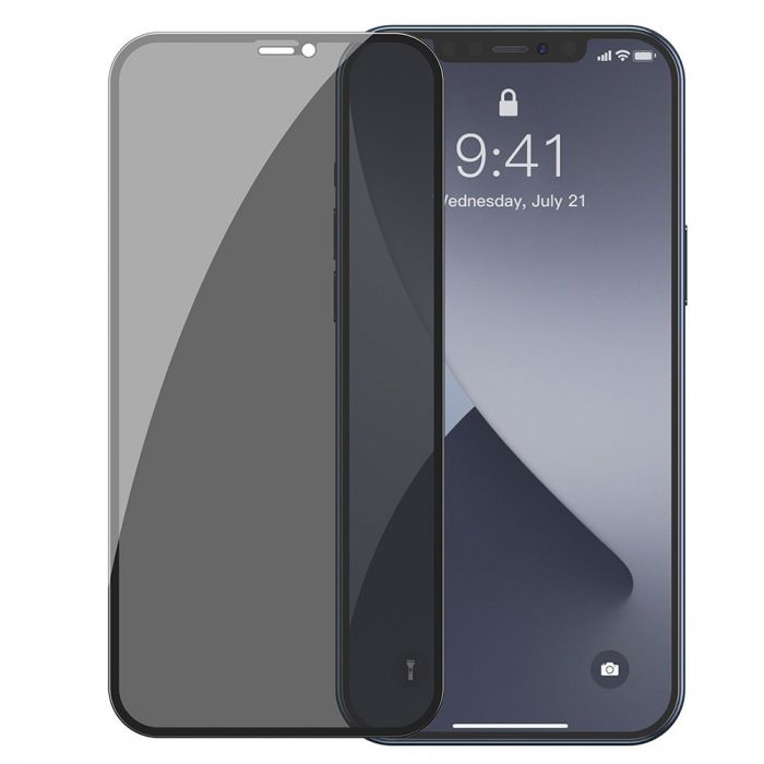 Folie de protectie telefon Apple iPhone 12 Pro Max Baseus Curbata Full Screen Anti-Peeping Black, 2 buc, 0.3mm