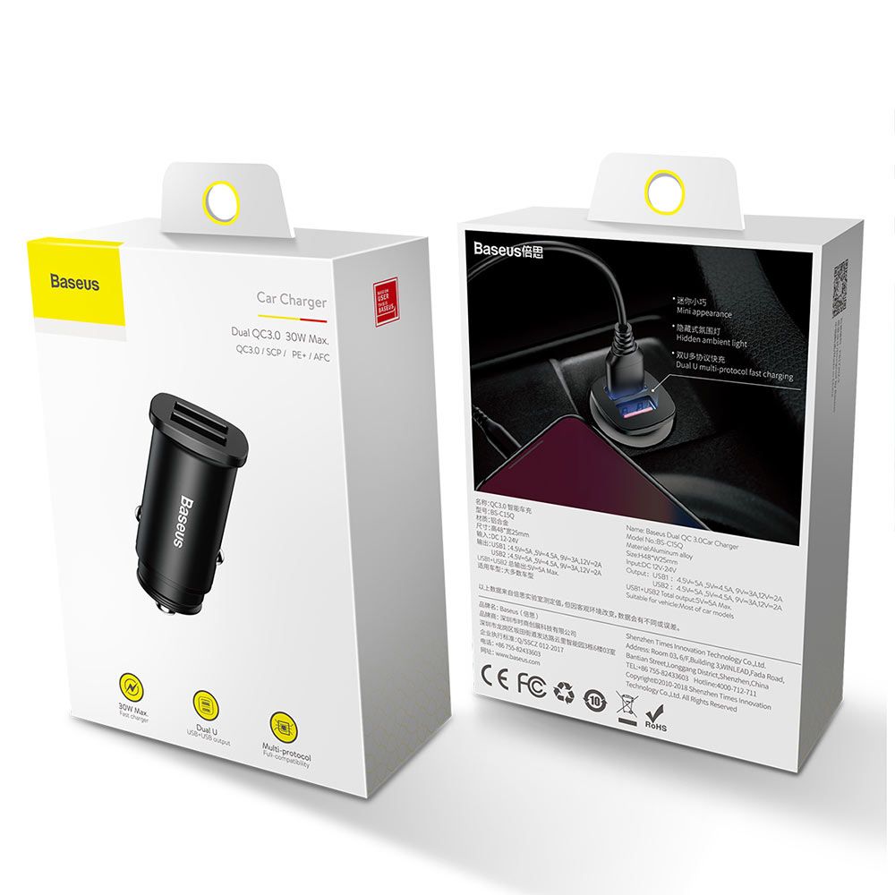 Incarcator auto pentru telefon Baseus Metalic Quick Charger Dual Port 30W, 5A max, QC3.0, negru