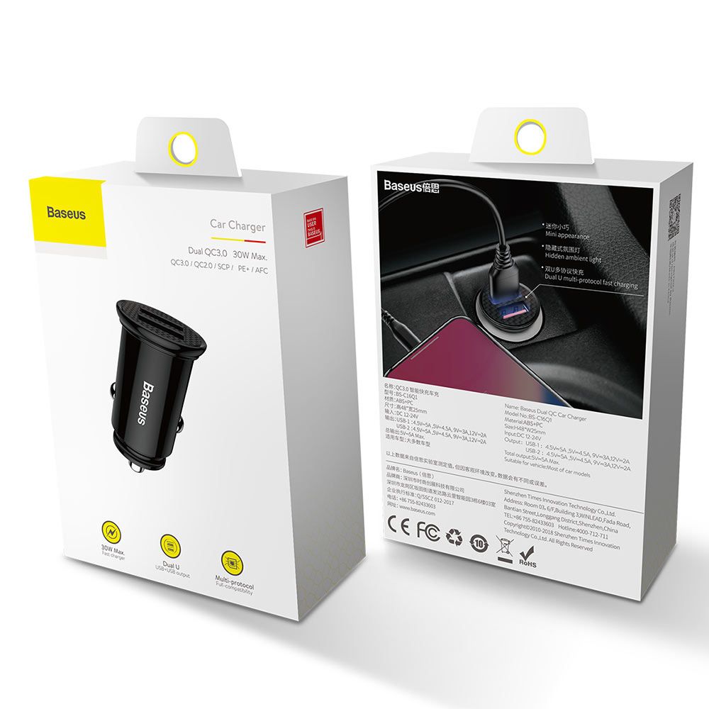 Incarcator auto pentru telefon Baseus Quick Charger Dual USB 30W, negru, 5A max, QC3.0