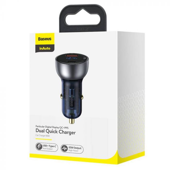 Incarcator auto pentru telefon USB si Type-C Baseus Particular Digital Display Dual Quick Charger, 65W, argintiu
