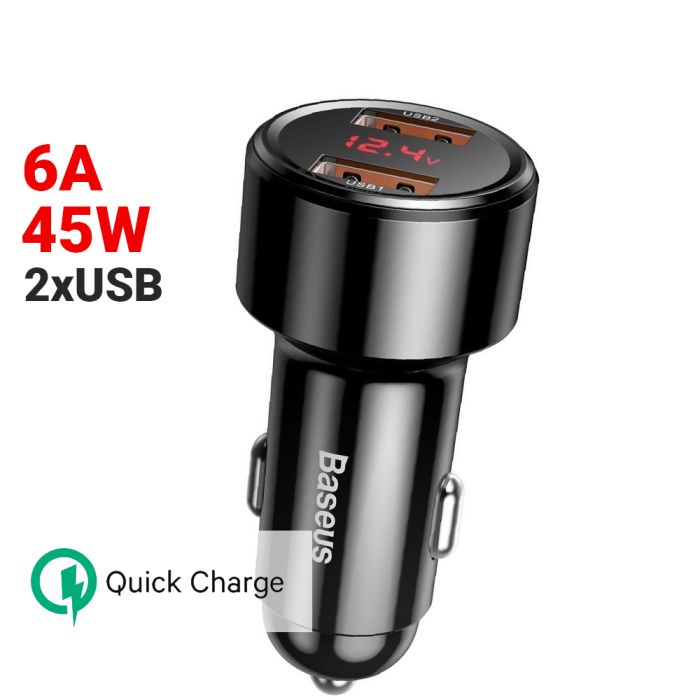 Incarcator auto pentru telefon Baseus Dual Magic Series Quick Charger Black, digital display, output 6A, 45W