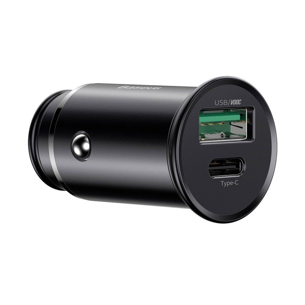 Incarcator auto pentru telefon Baseus Circular Metal PPS Quick Charger, negru, 1 x USB, 1 x Type-C, 30 W